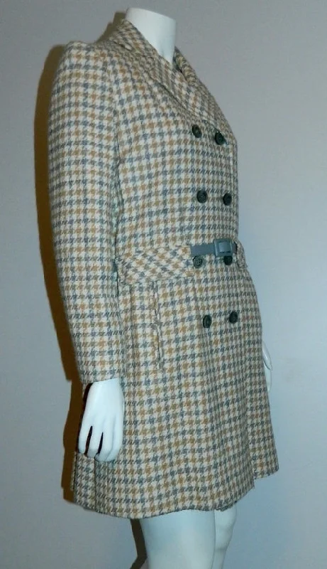 vintage 1960s plaid peacoat MOD wool coat gray camel Houndstooth S - M