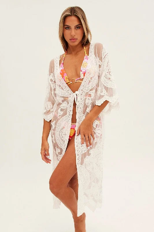 White Lace Kimono Half Sleeve Tie Front Longline