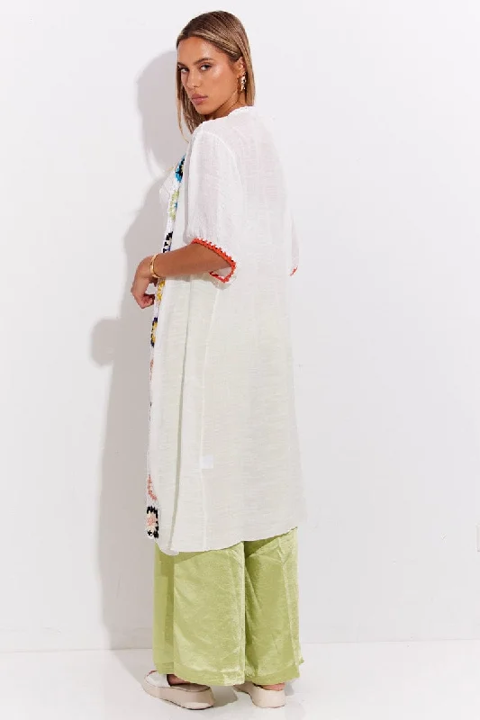 White Short Sleeve Kimono Embroidered