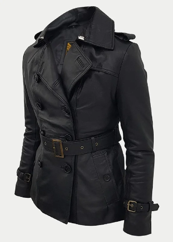 Women Designer Black Slim Trench Three Quarter Coat Jacket