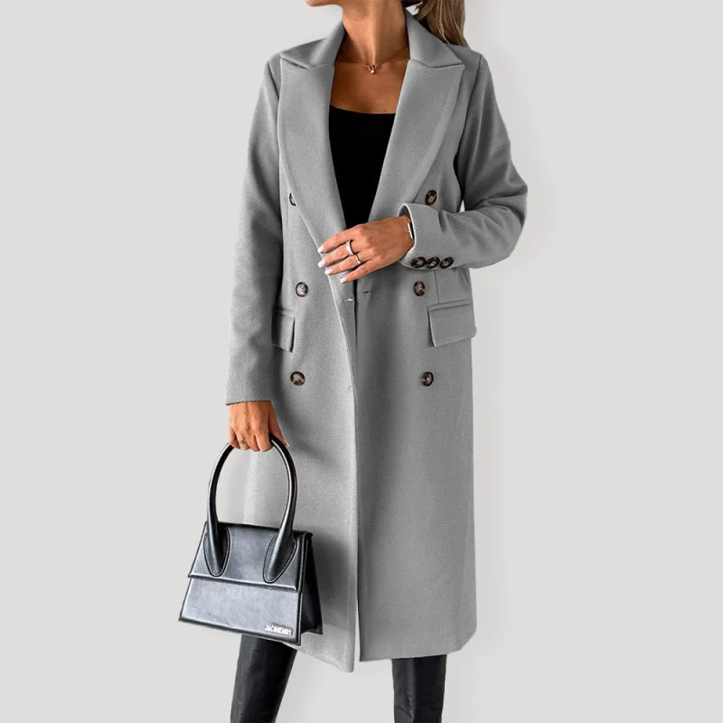 Women's Double Breasted Mid Length Button Closure Coat With Pockets