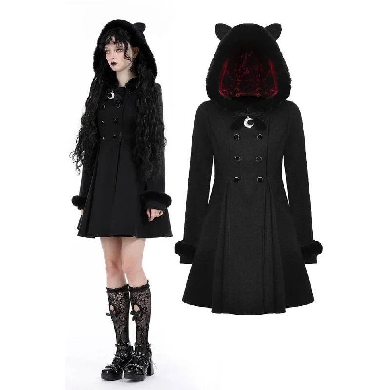 Women's Gothic Fluffy Splice Woolen Coat with Cat Ear Hood