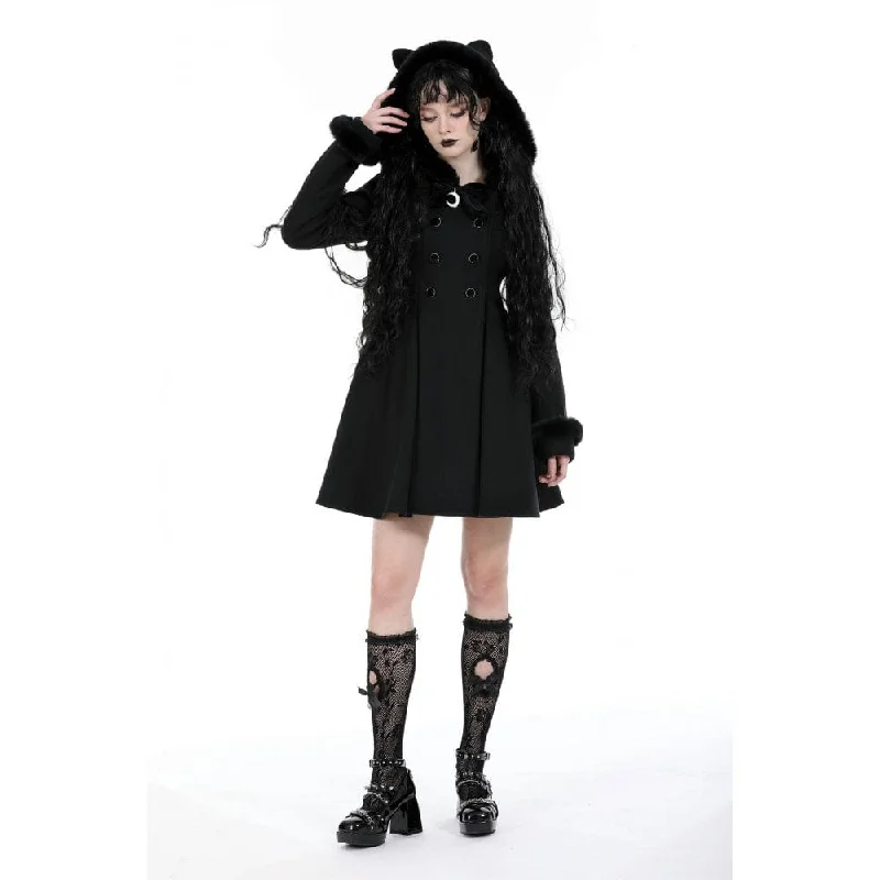 Women's Gothic Fluffy Splice Woolen Coat with Cat Ear Hood