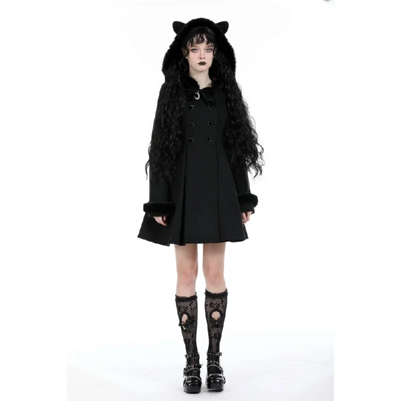 Women's Gothic Fluffy Splice Woolen Coat with Cat Ear Hood