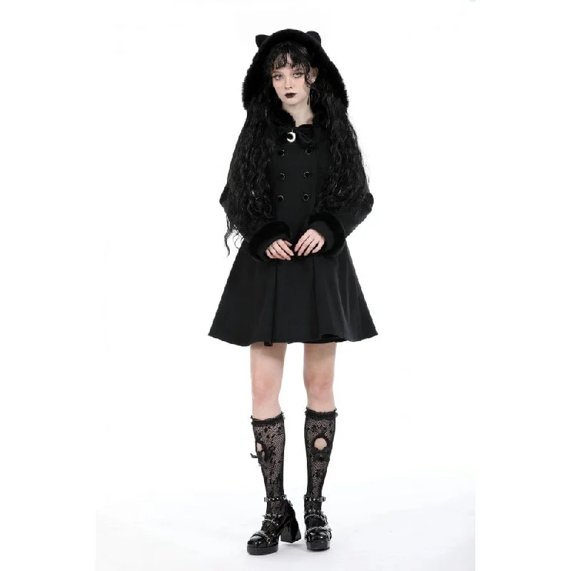 Women's Gothic Fluffy Splice Woolen Coat with Cat Ear Hood