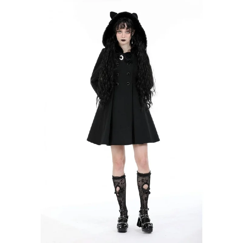 Women's Gothic Fluffy Splice Woolen Coat with Cat Ear Hood