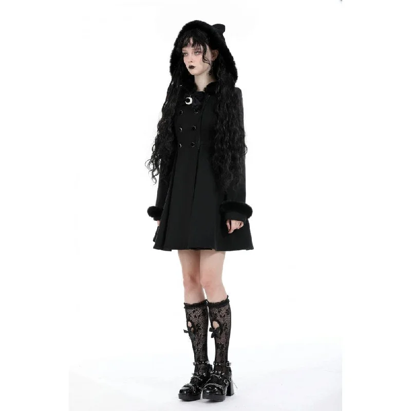 Women's Gothic Fluffy Splice Woolen Coat with Cat Ear Hood