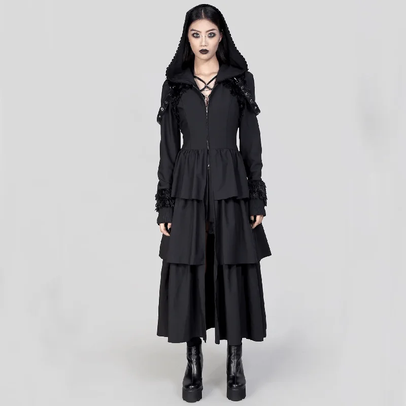 Women's Gothic Plunging Flared Sleeved Split Coat with Hood