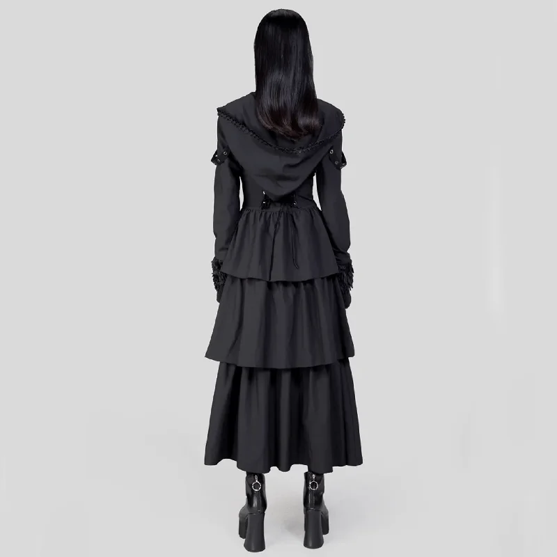 Women's Gothic Plunging Flared Sleeved Split Coat with Hood