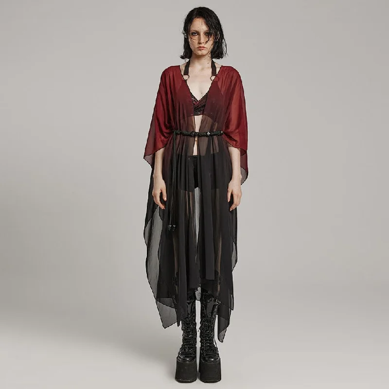 Women's Gothic Sheer Ruffled Loose Coat Black-Red