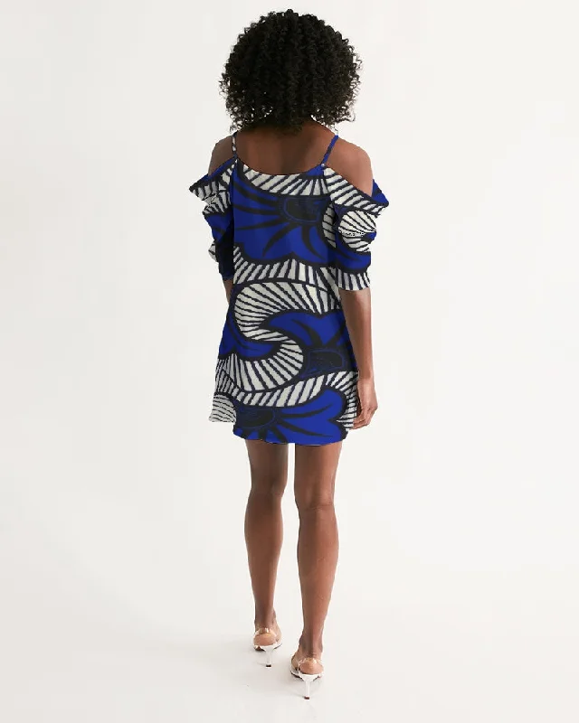 AKH African Fleurs Bleues Women's Open Shoulder A-Line Dress