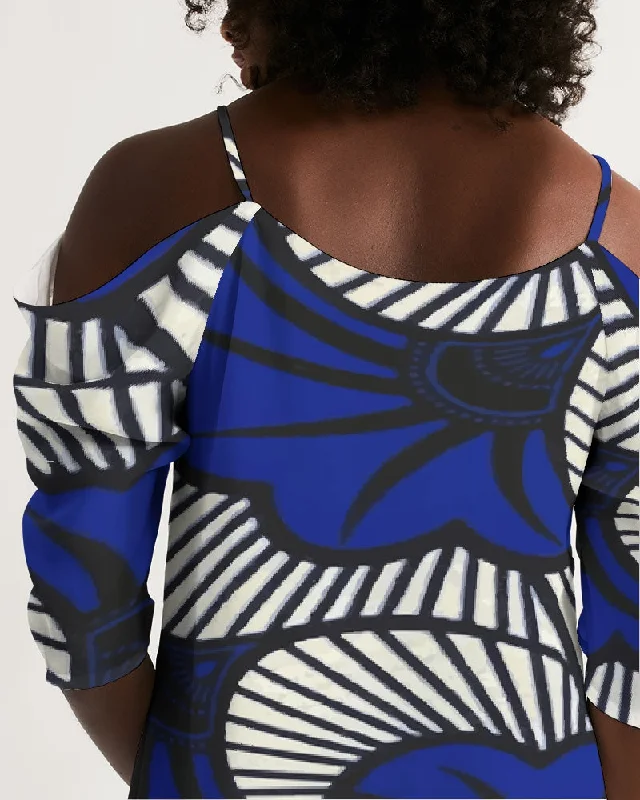 AKH African Fleurs Bleues Women's Open Shoulder A-Line Dress