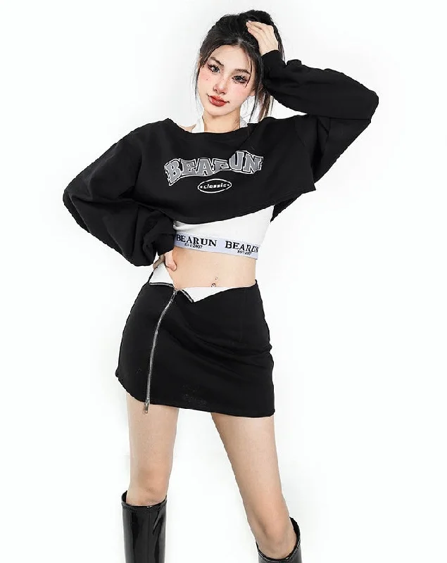 BEAURUN CLASSIC Graphic Print Solid Color Black Cropped Sweatshirt Zip Up Mini Skirt Matching Set