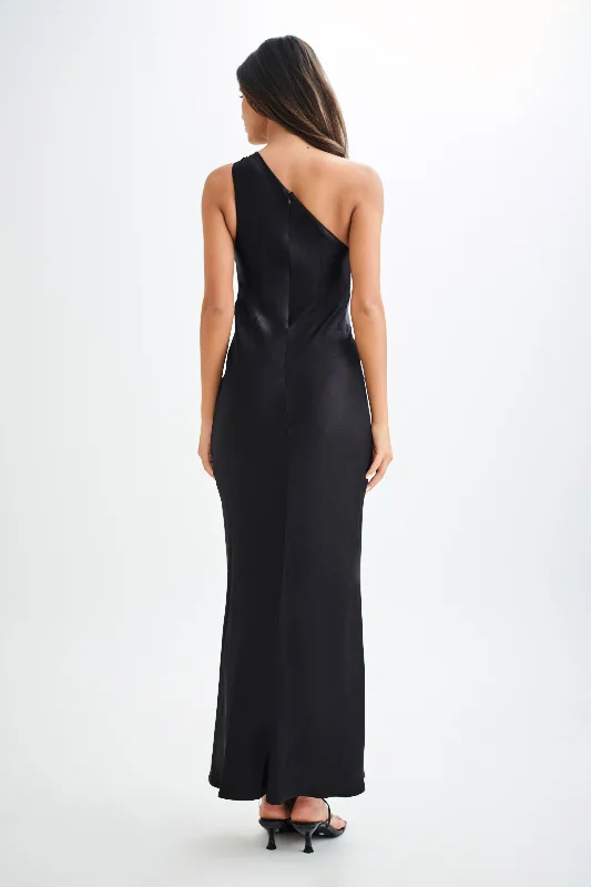 Camille One Shoulder Satin Maxi Dress - Black