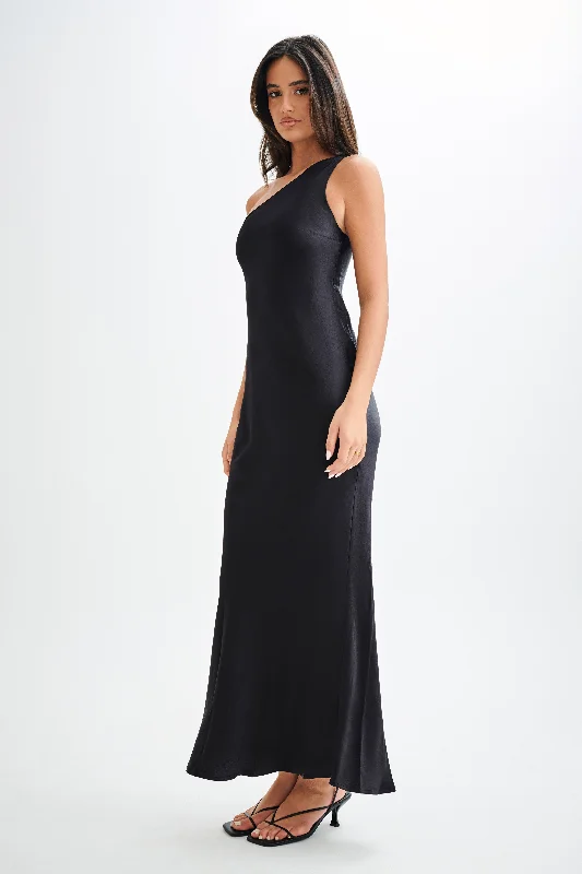 Camille One Shoulder Satin Maxi Dress - Black