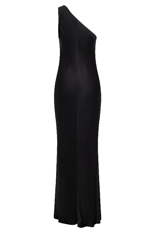 Camille One Shoulder Satin Maxi Dress - Black