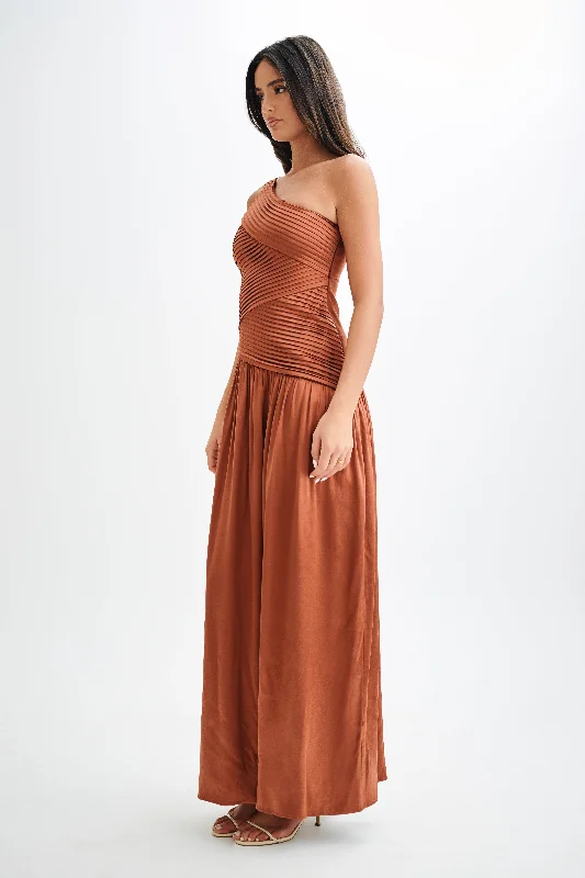 Jenna One Shoulder Pleated Maxi Dress - Wood