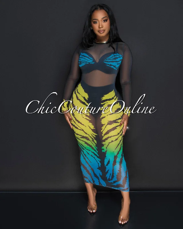 Kenja Black Multi Color Mesh Long Sleeves Maxi Dress