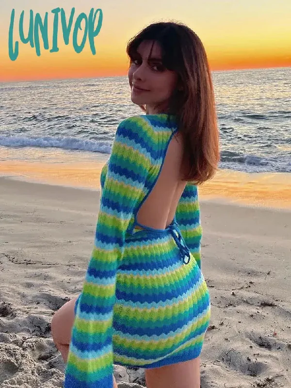 Lunivop Women Dress Sexy Y2K Green Stripe Knit Summer Beach Dress Club Party Outfits Fashion Bodycon Backless Casual Mini Dress New