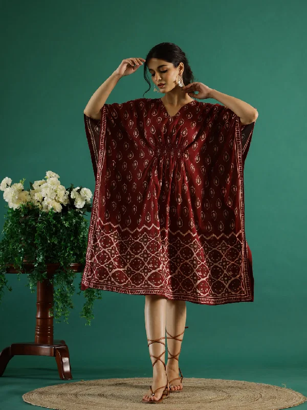 Printed Red Kaftan V-Neck Dress