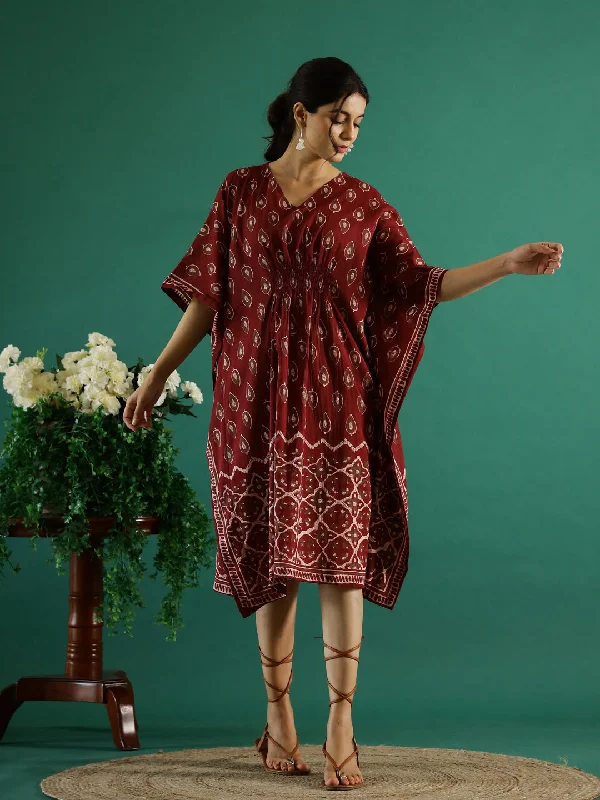 Printed Red Kaftan V-Neck Dress