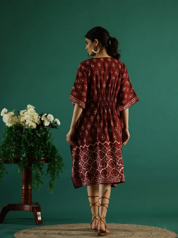 Printed Red Kaftan V-Neck Dress