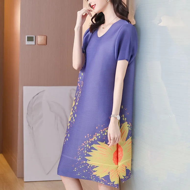 Puff Sleeve Round Neck Folded Floral Chinese Style Casual Dress