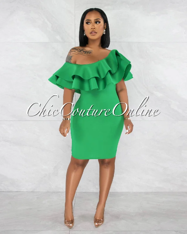 Renaldi Green Off-The Shoulder Ruffle Top Ponti Dress