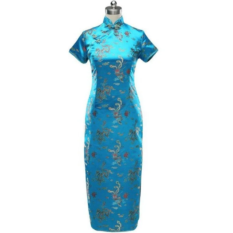 Short Sleeve Brocade Traditional Cheongsam Dragon & Phoenix Pattern Chinese Dress