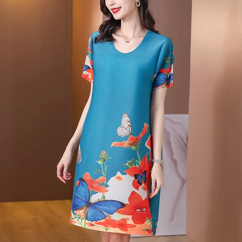 Short Sleeve Round Neck Folded Floral Chinese Style Casual Dress