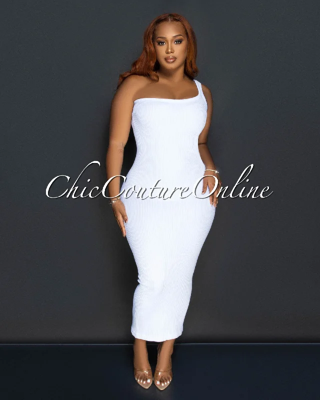 Thia White Single Shoulder Ribbed Midi Dress