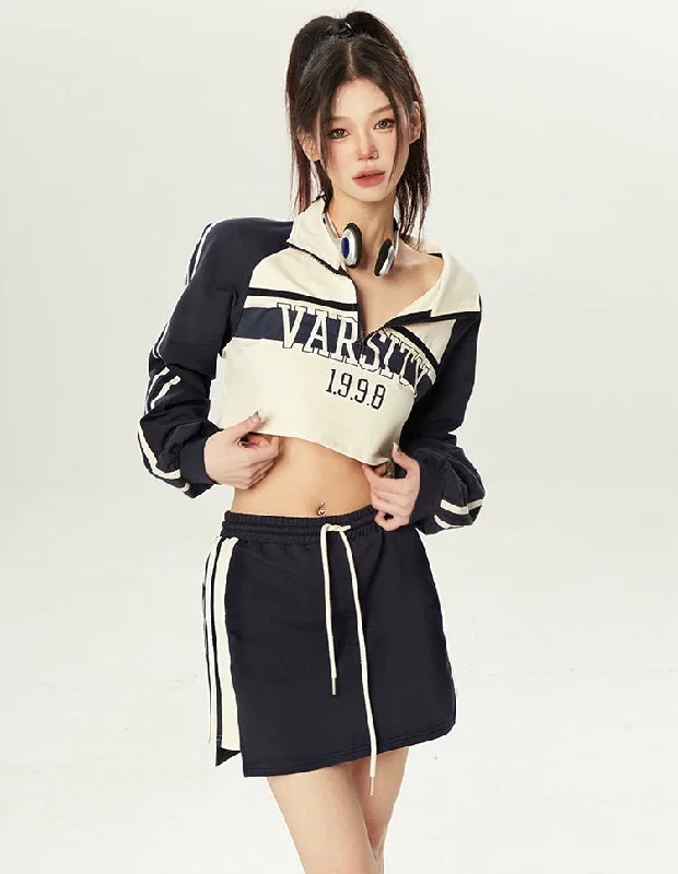 VARSITY 1.9.9.8 Abstract Color Long Sleeve Cropped Sweatshirt Mini Skirt Matching Set