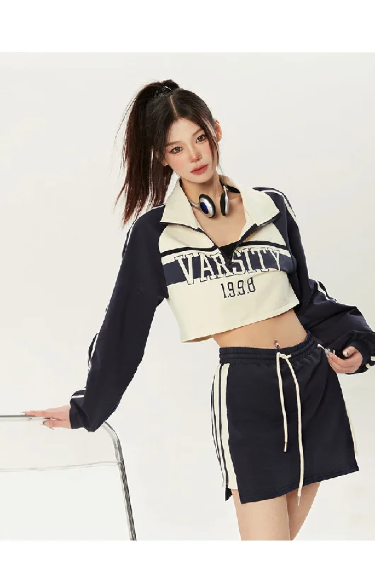 VARSITY 1.9.9.8 Abstract Color Long Sleeve Cropped Sweatshirt Mini Skirt Matching Set