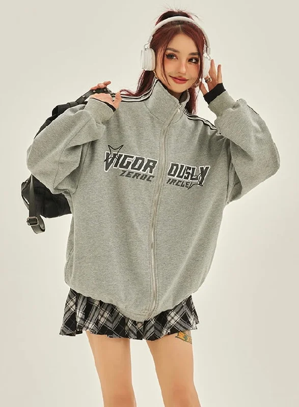 Virgo Dusly Letter Print Grey Zip Up Sweatshirt