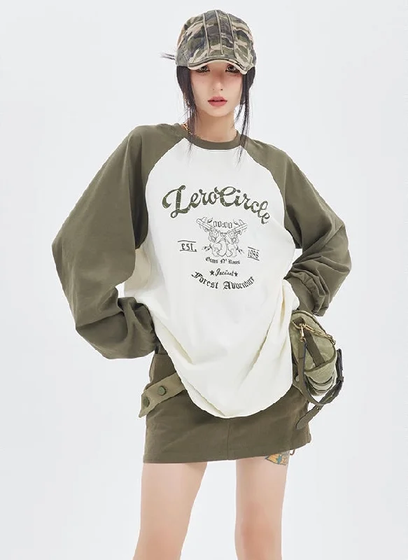 Zerocircle Patchwork Army Green Sleeve White Sweatshirt