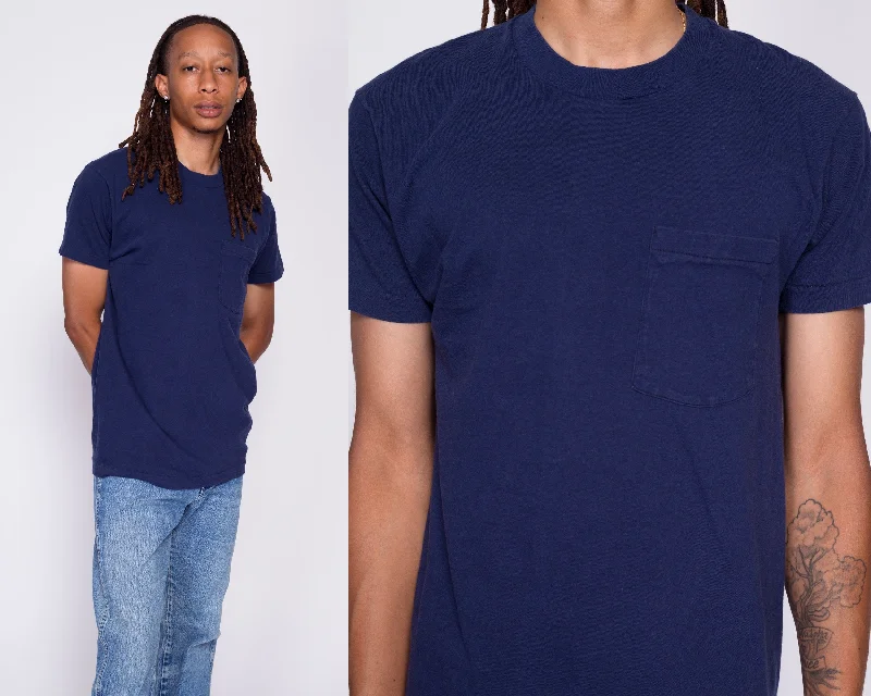 80s Plain Navy Blue Pocket Tee - Men's Medium