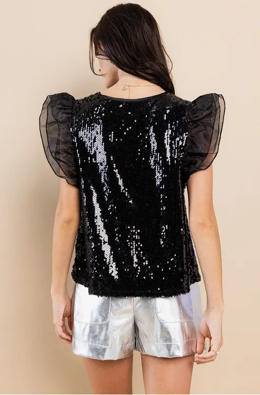 TIC13007BLK Vegas Line Tai Sequin Ruffle Top Black