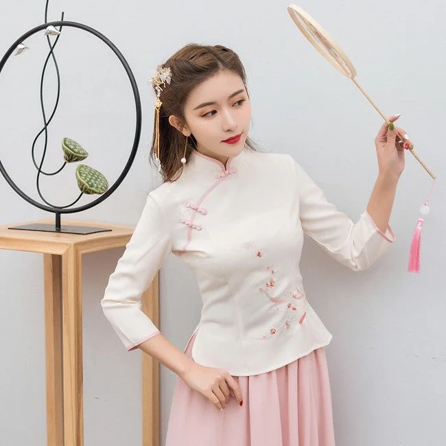 3/4 Sleeve Floral Embroidery Chinese Shirt Traditional Costume