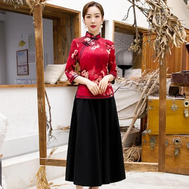 3/4 Sleeve Floral Watered Gauze Cheongsam Top Elegant Chinese Blouse