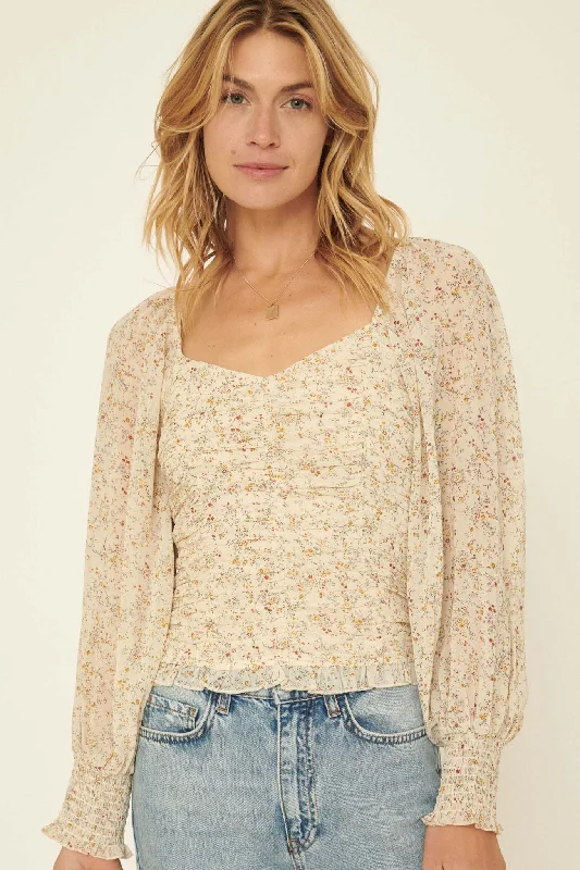 Breezy Day Ruched Floral Chiffon Peasant Top