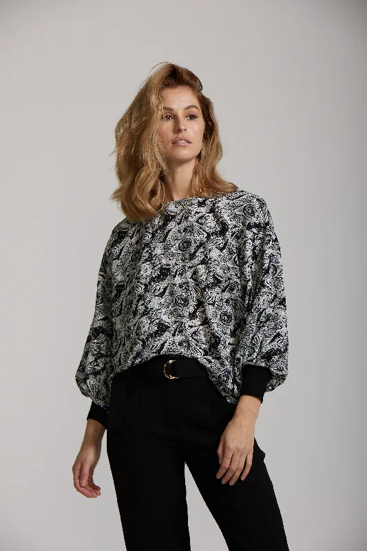 Cuff Sleeve Top - Black Paisley print