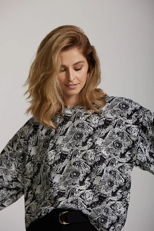 Cuff Sleeve Top - Black Paisley print