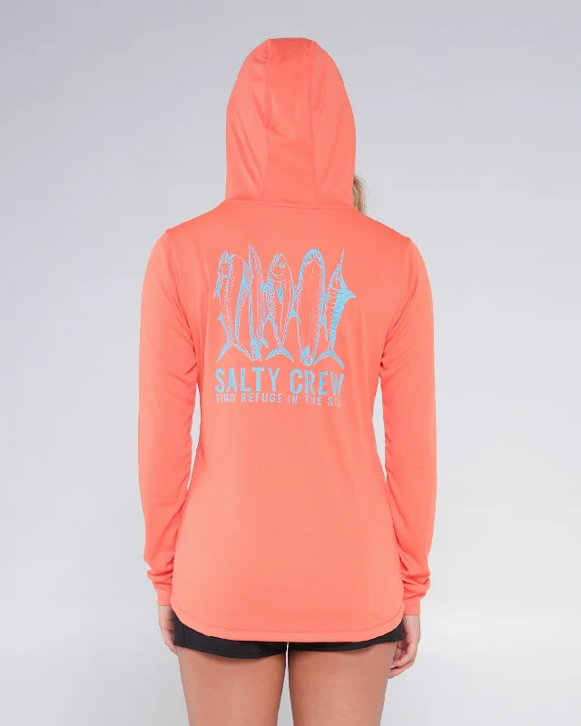 LINE UP HOODED SUN SHIRT - Hot Coral