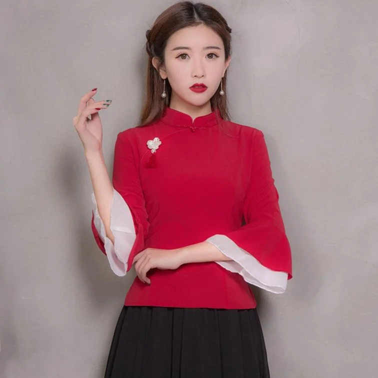 Mandarin Sleeve Cheongsam Top Traditional Chinese Shirt with Tassel