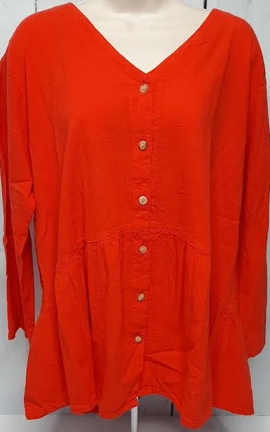 Top-Button Front V-Neck-Long Sleeve-Red-Women's S-1677