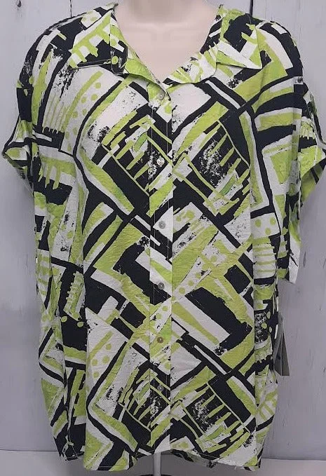 Shirt-Button Front-Muti Colored-Green/White/Black- Short Sleeve- Womens-M23105bm