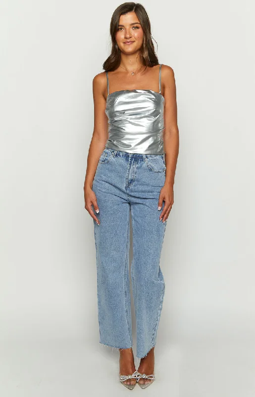 Never There Silver Metallic Strapless Top