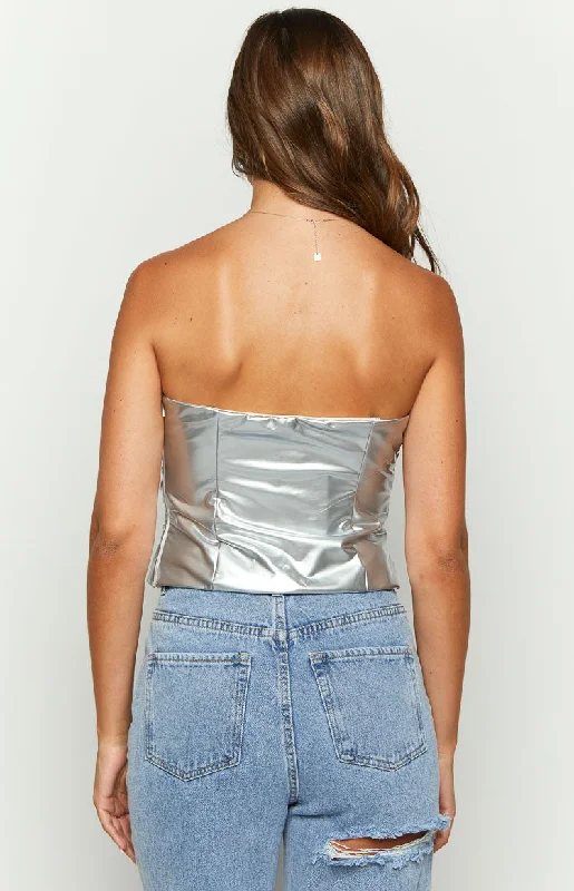 Never There Silver Metallic Strapless Top