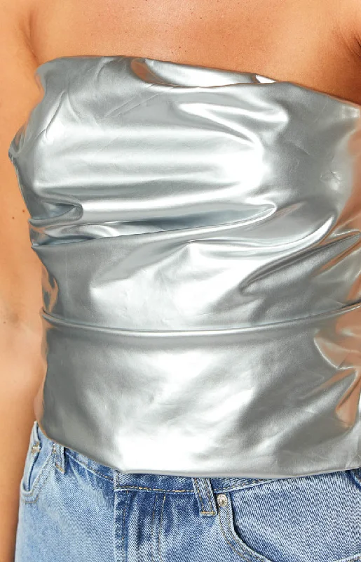 Never There Silver Metallic Strapless Top