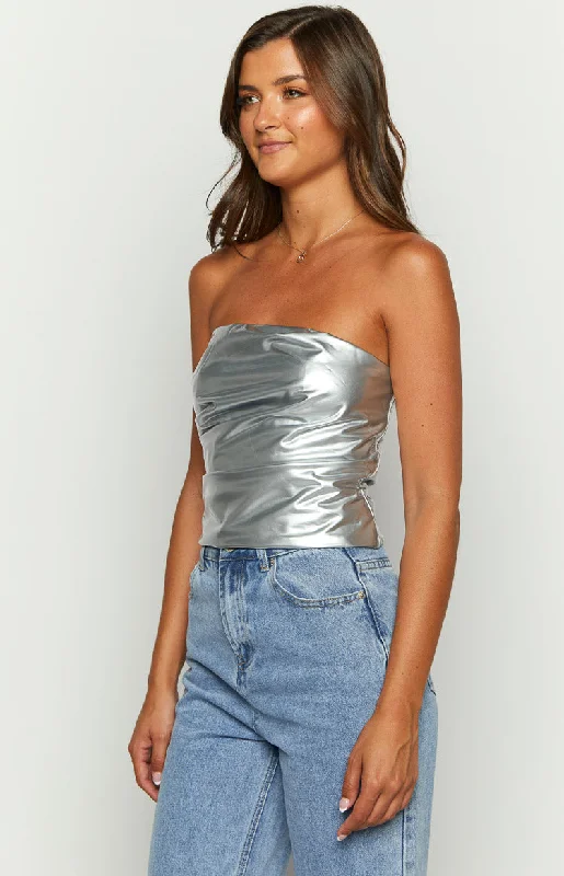 Never There Silver Metallic Strapless Top